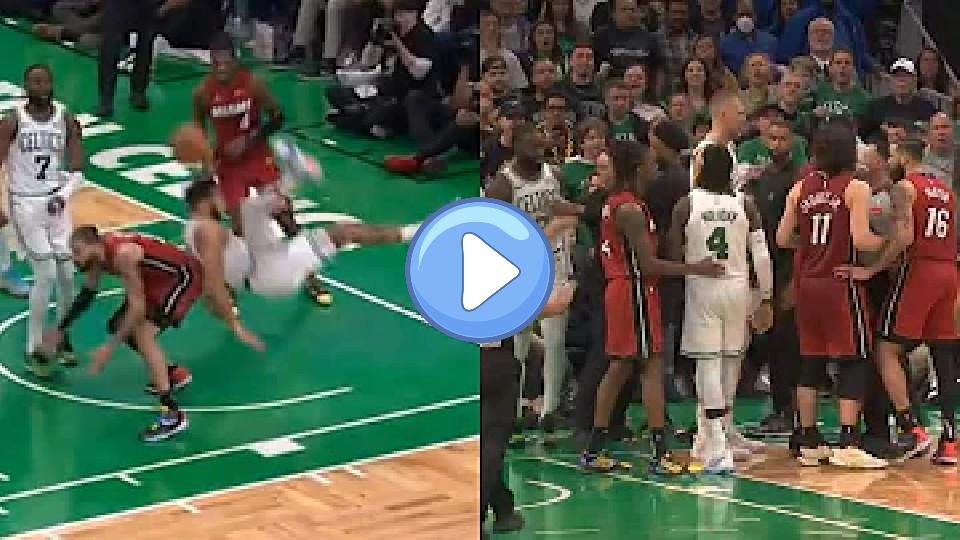 Play video: Jayson Tatum takes a scary fall with 1 minute left while up by 16, and Jaylen Brown was heated. 😳 Video thumb: Jayson Tatum takes a scary fall with 1 minute left while up by 16, and Jaylen Brown was heated. 😳