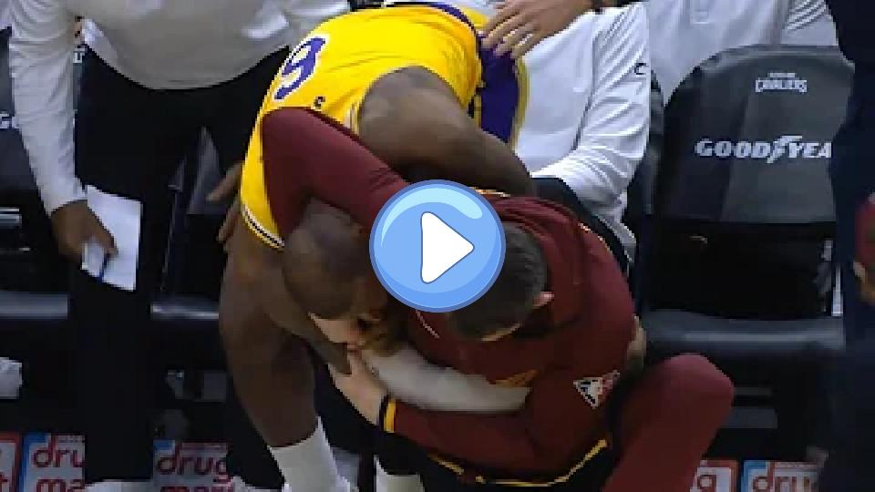 Play video: Kevin Love playfully puts LeBron James in a headlock after being dunked on by him. 🤣 Video thumb: Kevin Love playfully puts LeBron James in a headlock after being dunked on by him. 🤣