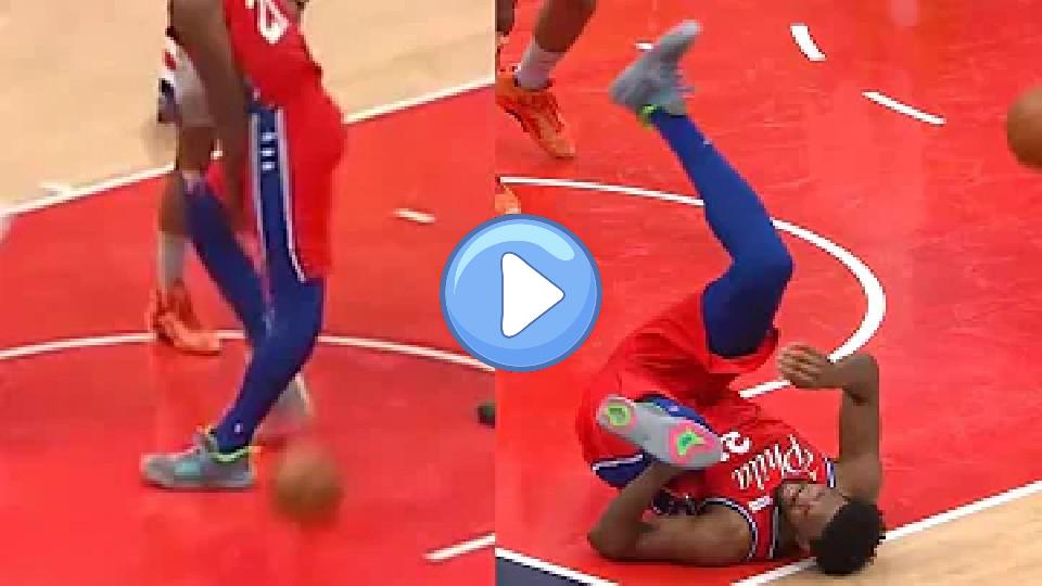 Video thumb: Joel Embiid's left knee hyperextended when he landed during the 76ers vs. Wizards game.