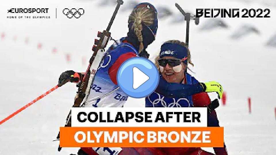 Video thumb: Tiril Eckhoff collapses after winning bronze in Women's Biathlon 10km Pursuit | 2022 Winter Olympics