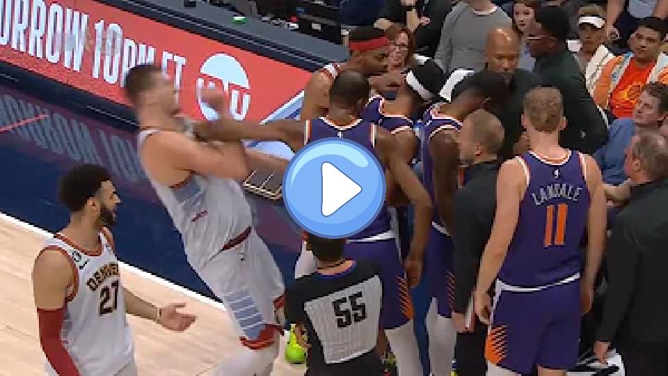 Video thumb: Kevin Durant pushes Nikola Jokic away from the Suns' huddle and receives a technical foul in Game 5.