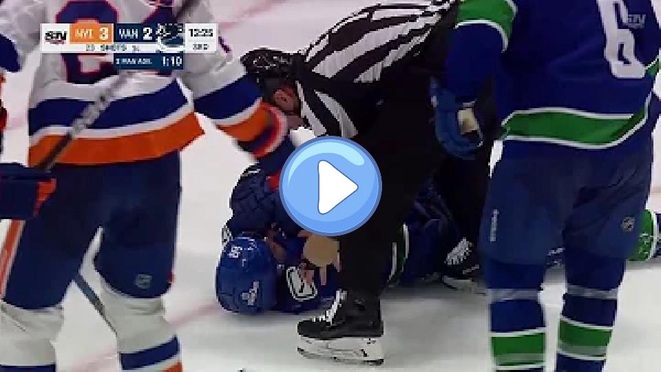 Play video: Andrei Kuzmenko sustains an injury blocking his teammate's shot against the Islanders (November 15, 2023). Video thumb: Andrei Kuzmenko sustains an injury blocking his teammate's shot against the Islanders (November 15, 2023).