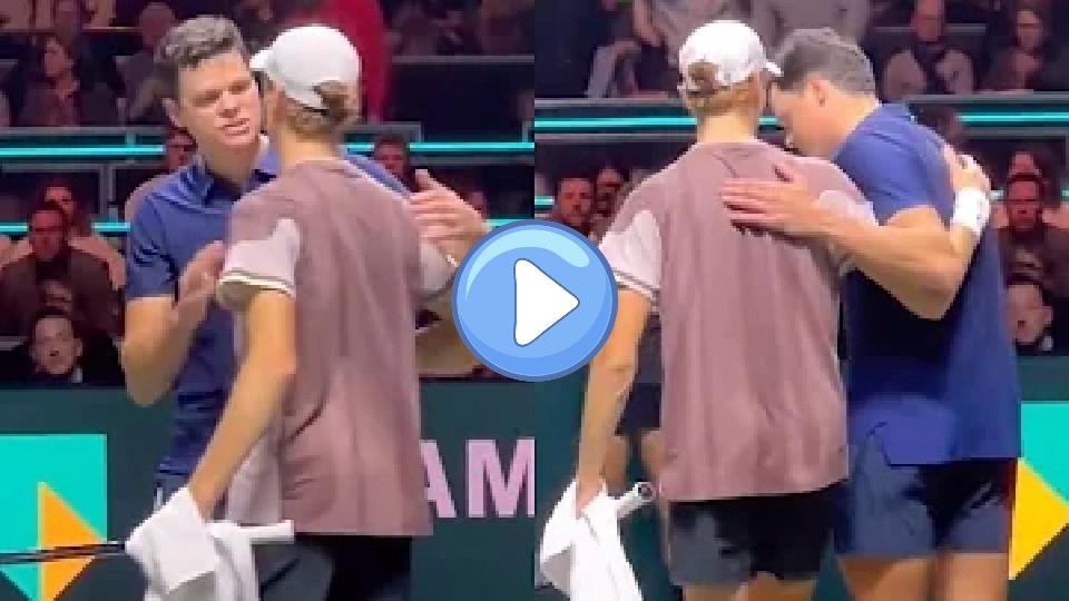 Play video: Sinner hugged the saddened Raonic and offered him words of support after his injury and withdrawal. Video thumb: Sinner hugged the saddened Raonic and offered him words of support after his injury and withdrawal.
