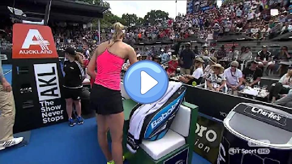 Play video: Ostapenko throws her racket towards a ballboy. Video thumb: Ostapenko throws her racket towards a ballboy.