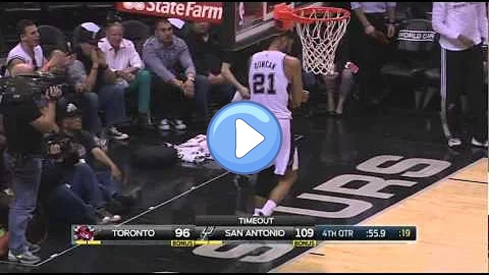 Video thumb: Tim Duncan hyperextended his left elbow during the Raptors vs. Spurs game.