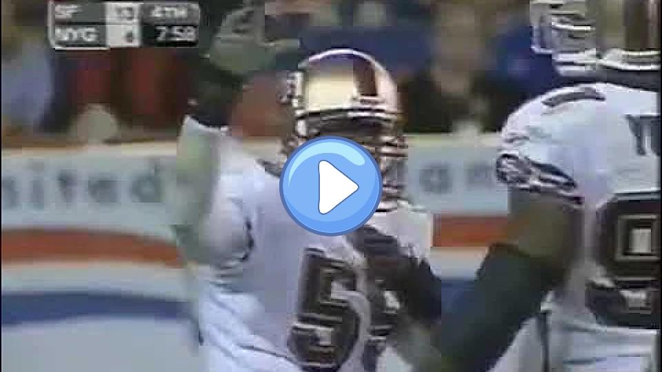 Video thumb: 1st and 10, QB Kerry Collins is sacked by Jamie Winborn. Throwback to 2002 Week 1 TNF 🌃 49ers @ Giants.