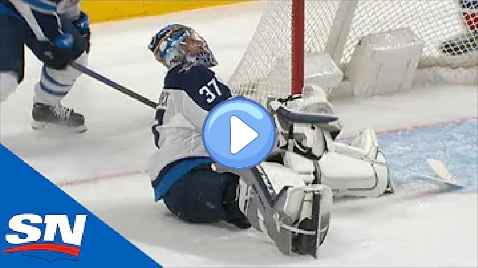 Play video: Connor Hellebuyck Frustrated After Unlucky Bounce Leads to Open Net for Paul Byron Video thumb: Connor Hellebuyck Frustrated After Unlucky Bounce Leads to Open Net for Paul Byron