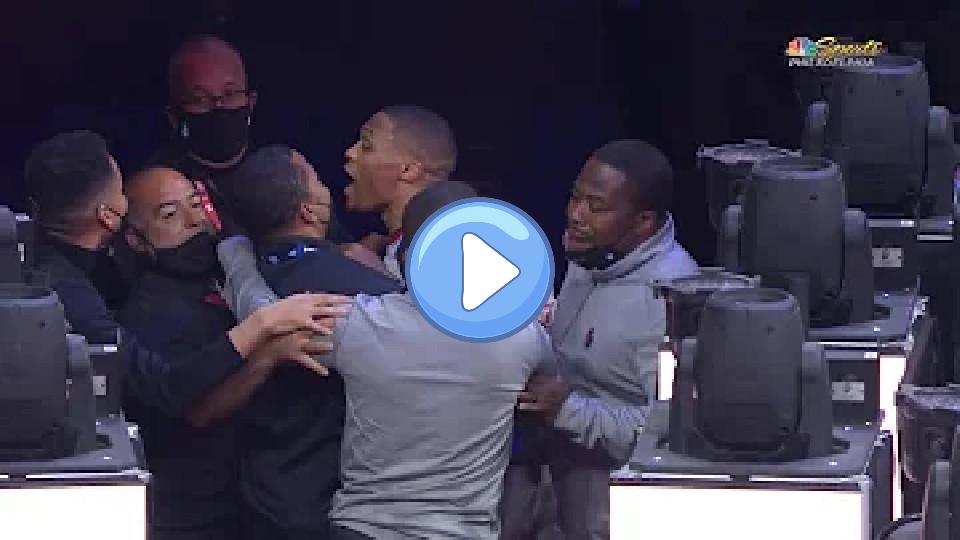 Video thumb: Russell Westbrook is furious and wants to confront a Sixers fan after being showered with popcorn.😮