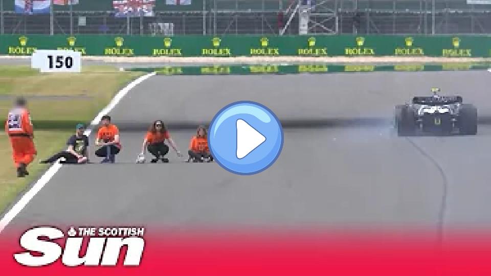 Play video: Shocking moment as Just Stop Oil protesters risked serious harm by invading the track at the British Grand Prix. Video thumb: Shocking moment as Just Stop Oil protesters risked serious harm by invading the track at the British Grand Prix.