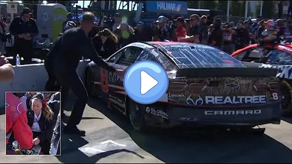 Video thumb: Tyler Reddick runs into a NASCAR official entering his pit stall during Talladega qualifying 2022.