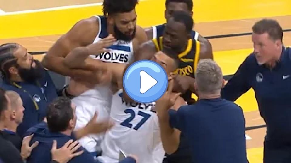 Video thumb: Draymond Green puts Rudy Gobert in a headlock after Klay Thompson and Jaden McDaniels fight 😳