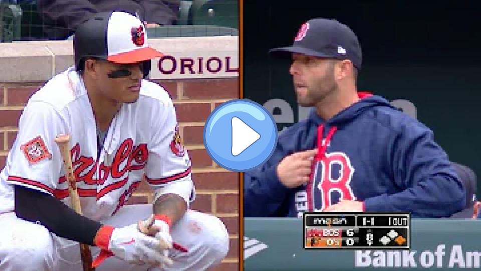 Video thumb: BOS@BAL: Machado is thrown at twice, responds with a double.