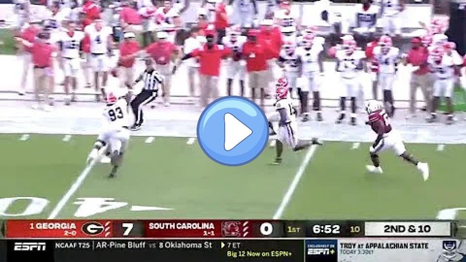 Play video: Spencer Rattler throws a terrible interception | Georgia vs. South Carolina Video thumb: Spencer Rattler throws a terrible interception | Georgia vs. South Carolina