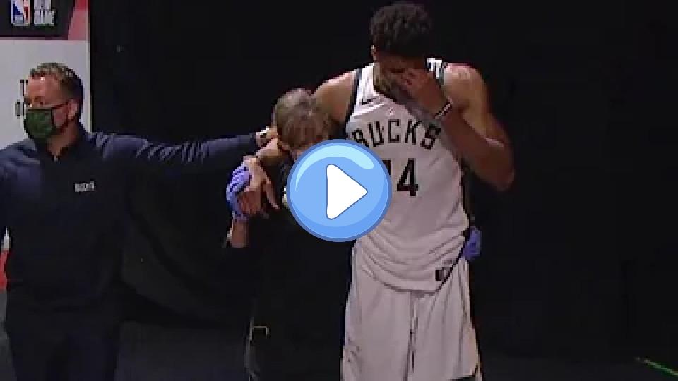 Play video: Giannis Antetokounmpo emotional as he leaves the locker room with an ankle injury | Game 4 Video thumb: Giannis Antetokounmpo emotional as he leaves the locker room with an ankle injury | Game 4