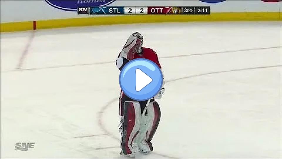 Video thumb: Robin Lehner's throat guard shattered upon impact from a shot.