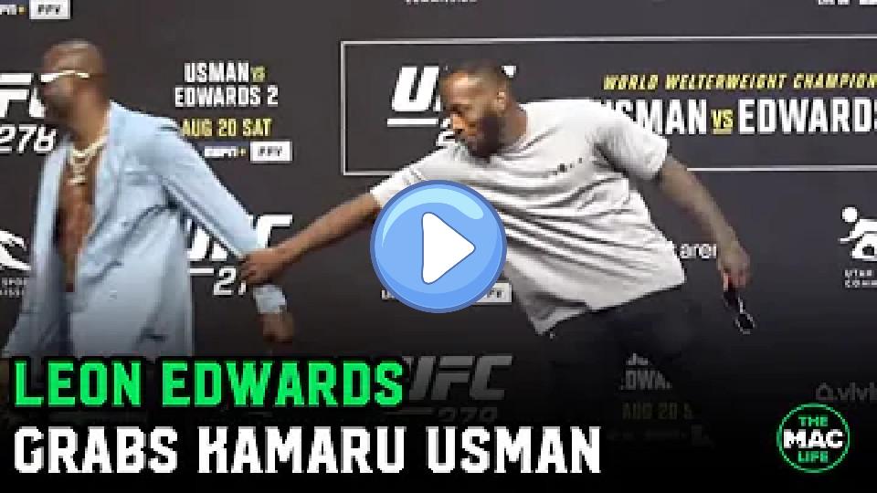 Video thumb: Leon Edwards grabs Kamaru Usman's arm at the UFC 278 face-off.