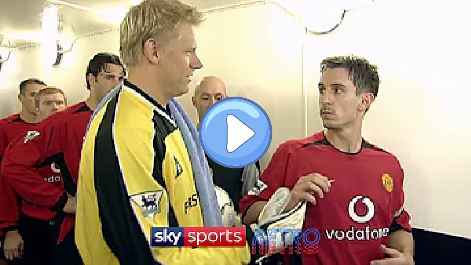 Play video: Gary Neville refuses to shake Peter Schmeichel's hand before the Manchester Derby. Video thumb: Gary Neville refuses to shake Peter Schmeichel's hand before the Manchester Derby.