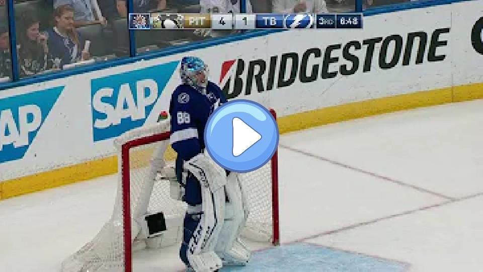 Play video: Vasilevskiy, irate with the team, smashes stick. Video thumb: Vasilevskiy, irate with the team, smashes stick.