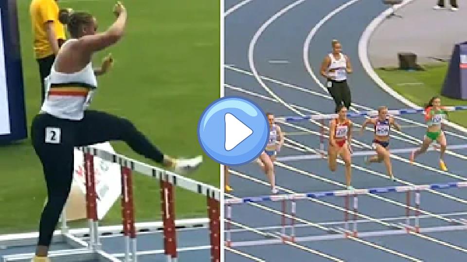 Video thumb: A Belgian shot putter goes viral for running hurdles to save the team from disqualification.