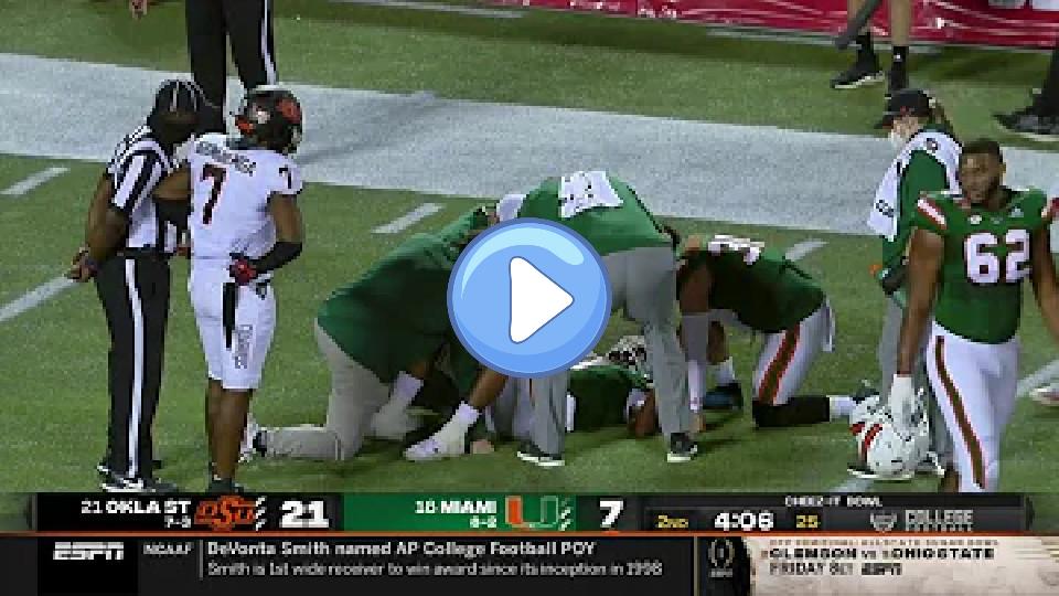 Video thumb: D'Eriq King Suffers Knee Injury | Cheez-It Bowl | #21 Oklahoma State vs. #18 Miami