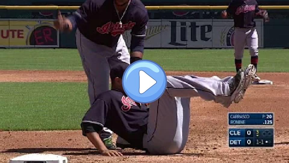 Play video: CLE@DET: Carrasco injures leg at first base, exits game. Video thumb: CLE@DET: Carrasco injures leg at first base, exits game.