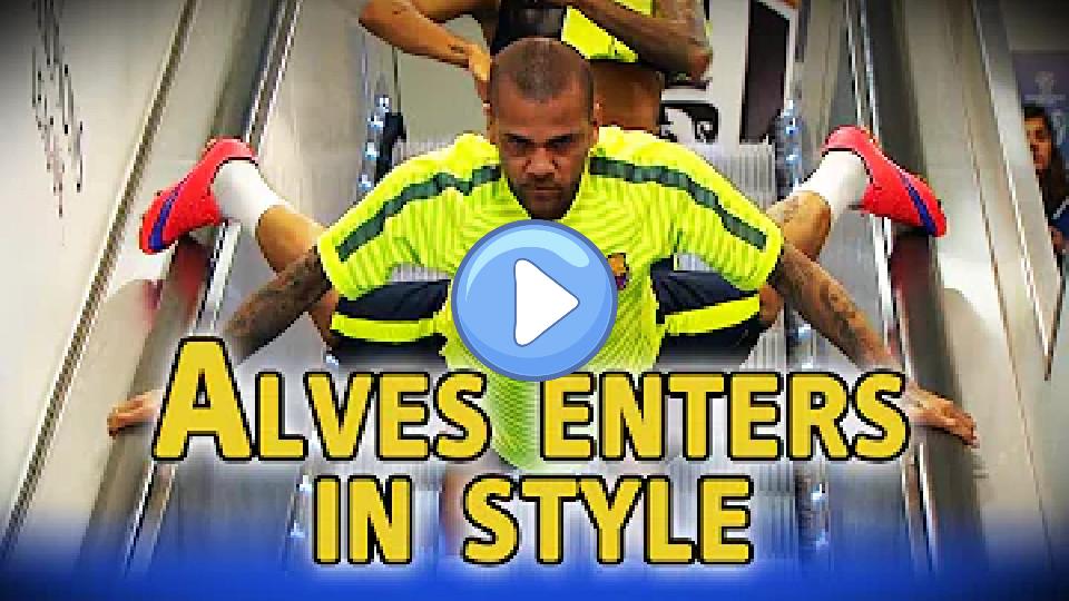 Video thumb: Dani Alves goes down the escalator headfirst ahead of the Champions League final.