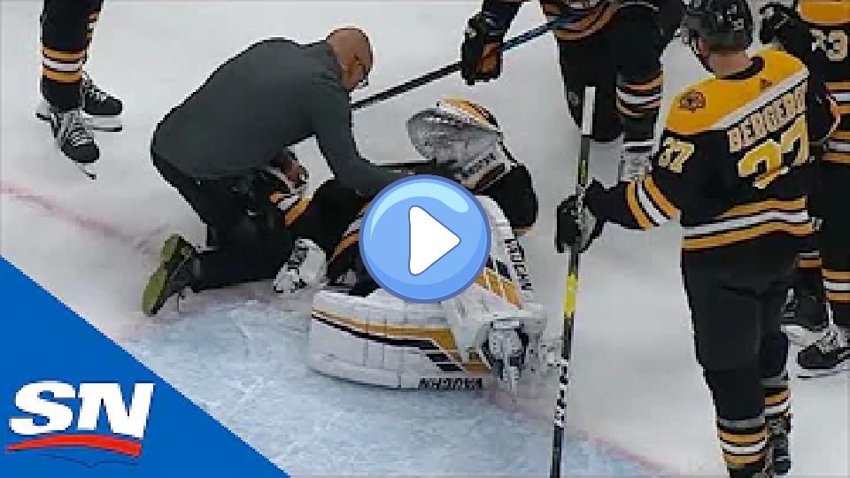 Video thumb: Tuukka Rask Has To Be Helped Off the Ice After Filip Chytil Slams Into Him During Goal