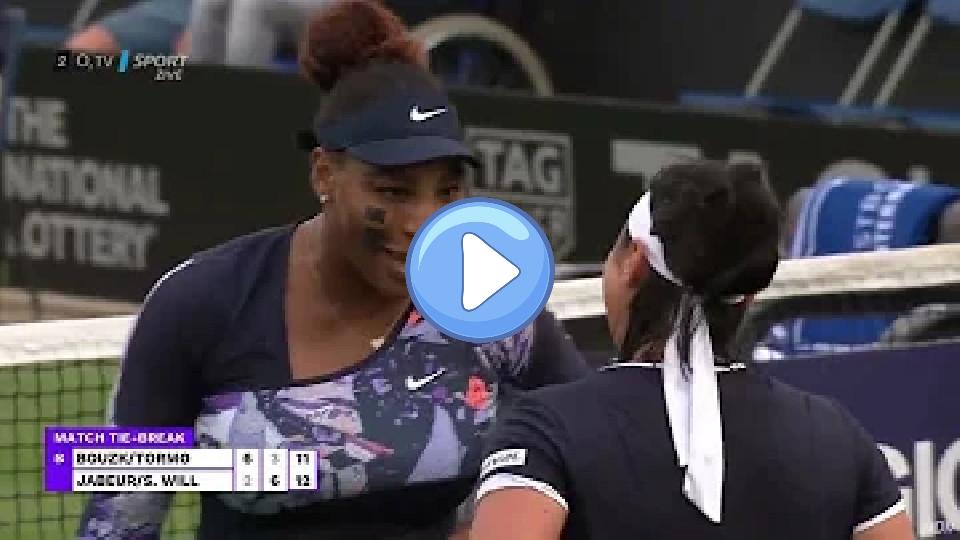 Play video: A funny moment during Serena Williams' comeback at the Eastbourne doubles with Ons Jabeur featured the duo sharing laughs and light-hearted exchanges on the court. Their chemistry and playful interactions added to the excitement of the match, delighting fans and showcasing their camaraderie. Video thumb: A funny moment during Serena Williams' comeback at the Eastbourne doubles with Ons Jabeur featured the duo sharing laughs and light-hearted exchanges on the court. Their chemistry and playful interactions added to the excitement of the match, delighting fans and showcasing their camaraderie.