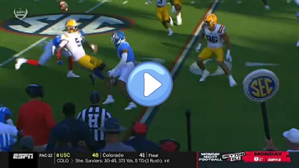 Video thumb: LSU QB Jayden Daniels takes a huge hit and fumbles against Ole Miss.