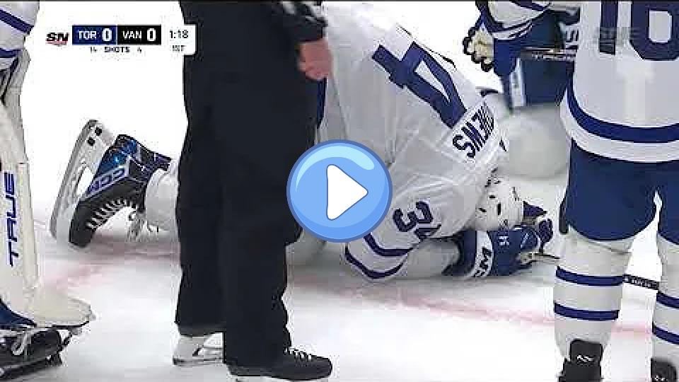 Play video: Auston Matthews is down after blocking a shot with his right knee. Video thumb: Auston Matthews is down after blocking a shot with his right knee.
