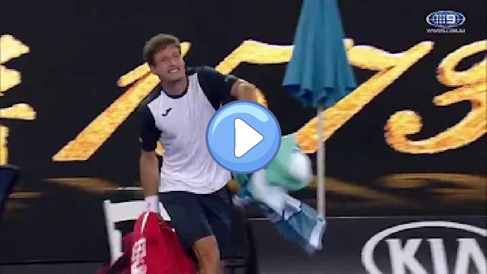 Video thumb: Pablo Carreno Busta furiously threw his bag and shouted at the chair umpire.