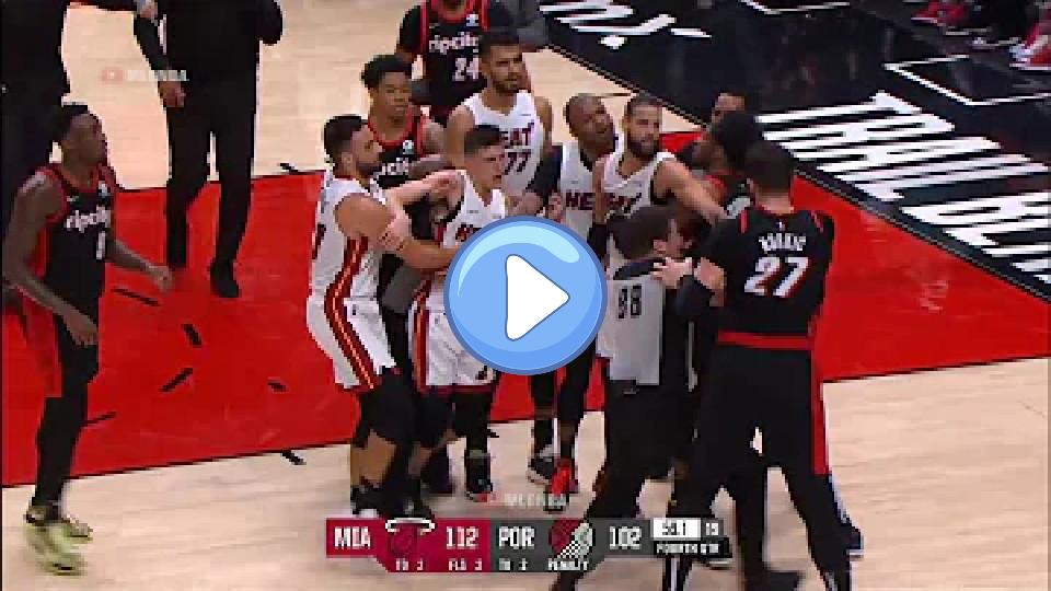 Video thumb: Tyler Herro attempts to confront Nurkic by shoving him, and then Nurkic responds by punching him in the head.