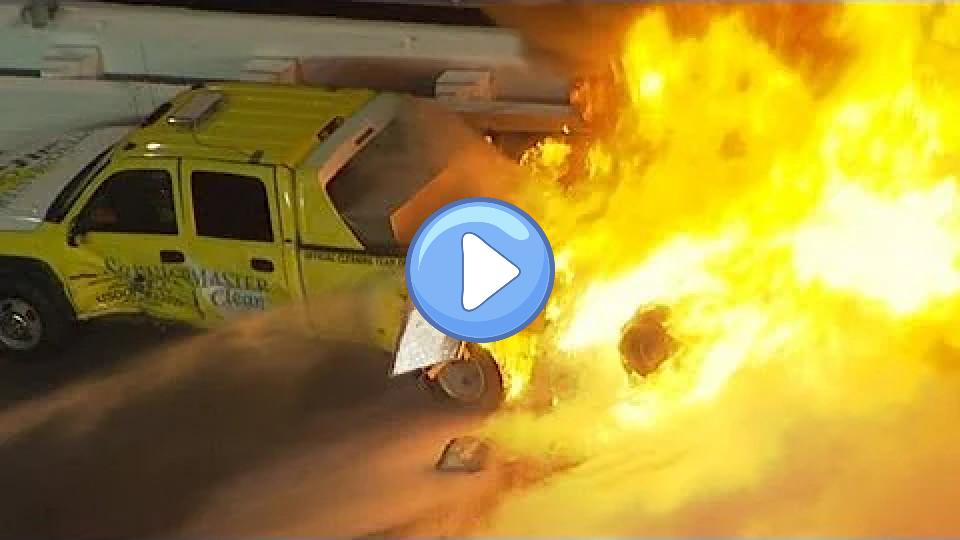 Video thumb: Juan Pablo Montoya crashes into jet dryer, igniting a fire