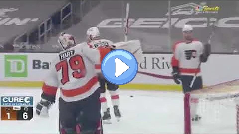 Play video: Carter Hart was frustrated! The Flyers goalie smashed his stick against the net before leaving the ice. Video thumb: Carter Hart was frustrated! The Flyers goalie smashed his stick against the net before leaving the ice.