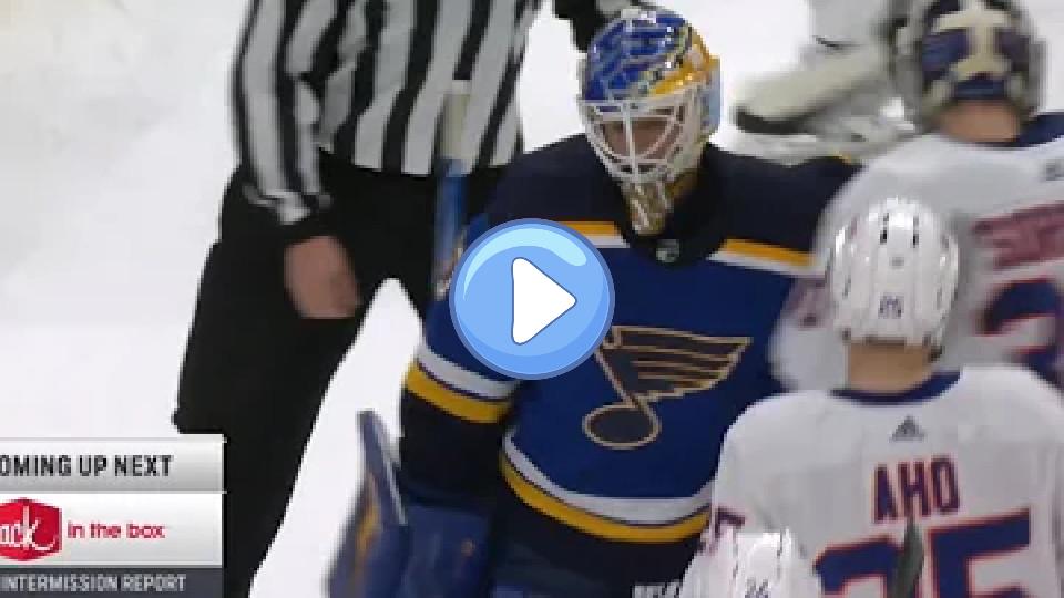Video thumb: A frustrated Jordan Binnington bumps Ilya Sorokin as the second period ends.