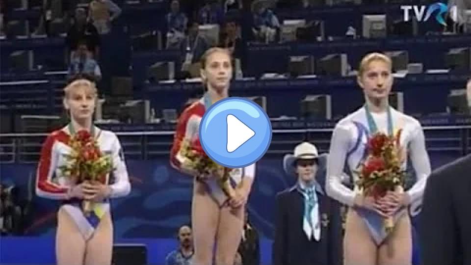 Video thumb: Andreea Răducan, Simona Amânar, and Maria Olaru on the podium at the 2000 Olympics