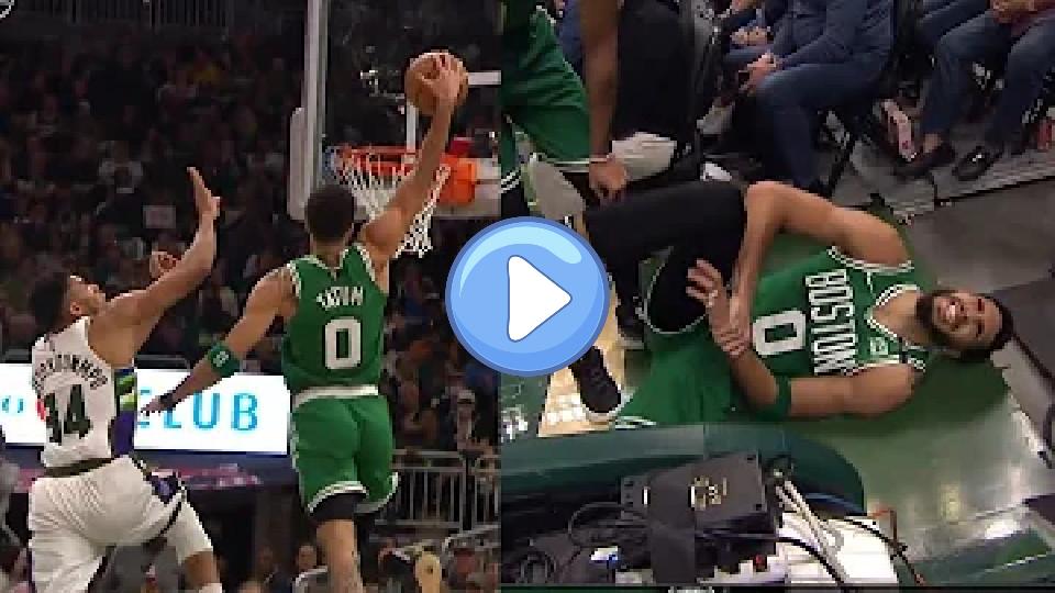 Video thumb: Jayson Tatum delivers an incredible poster dunk over Giannis and injures his wrist in the process. 😨