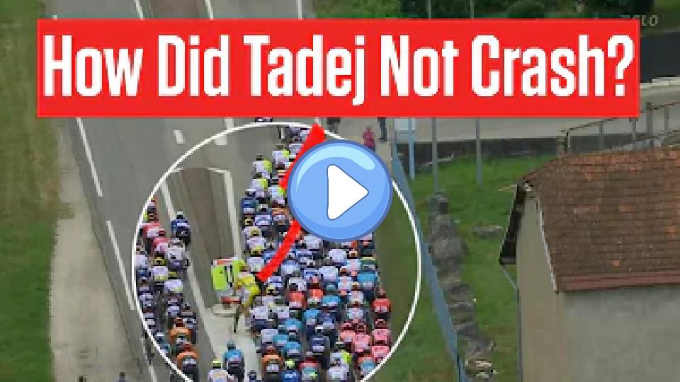 Play video: Tadej Pogačar Narrowly Avoids Disastrous Crash in Stage 5 of the 2024 Tour de France Video thumb: Tadej Pogačar Narrowly Avoids Disastrous Crash in Stage 5 of the 2024 Tour de France