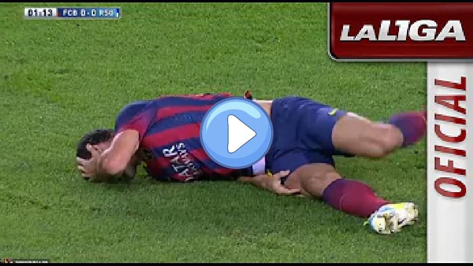 Play video: Busquets hits Mascherano with his studs in a challenge for the ball. Video thumb: Busquets hits Mascherano with his studs in a challenge for the ball.