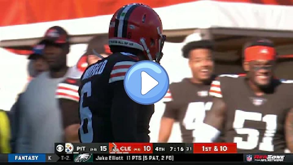 Play video: Baker Mayfield hyped after huge hit out of bounds vs. Steelers Video thumb: Baker Mayfield hyped after huge hit out of bounds vs. Steelers