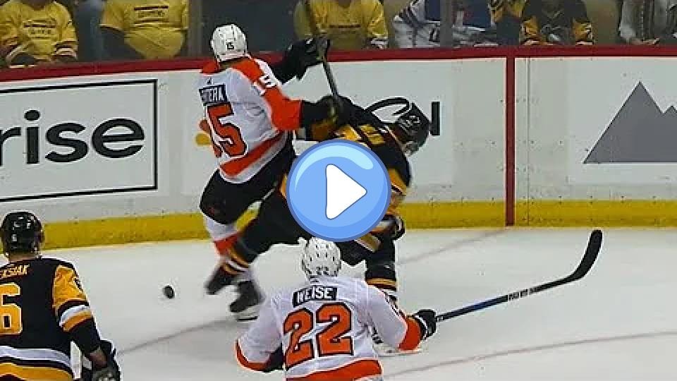 Video thumb: Malkin gets his leg tangled up with Lehtera and takes the worst of it.