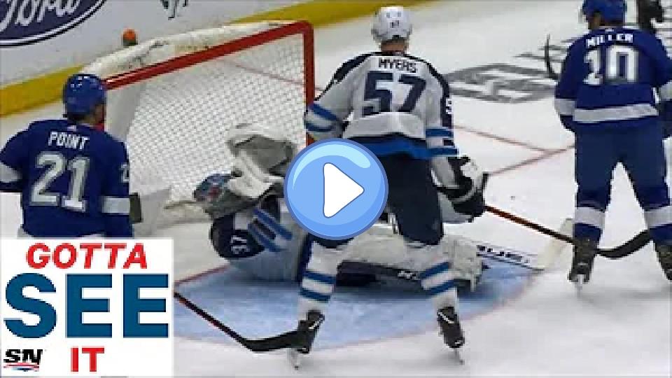 Video thumb: Gotta See It: Jets' Hellebuyck Cut by Kucherov Slap Shot to Face