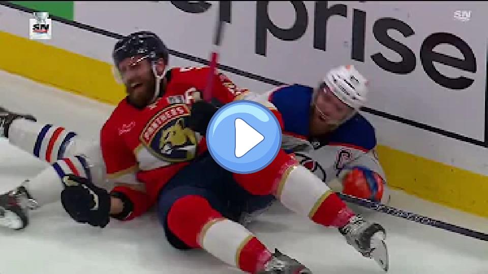 Video thumb: Ekblad suffers ankle injury after McDavid falls on him.