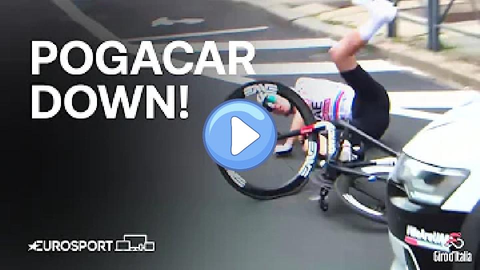 Video thumb: Tadej Pogačar crashes and goes down with a puncture during Stage 2 of the Giro d'Italia.