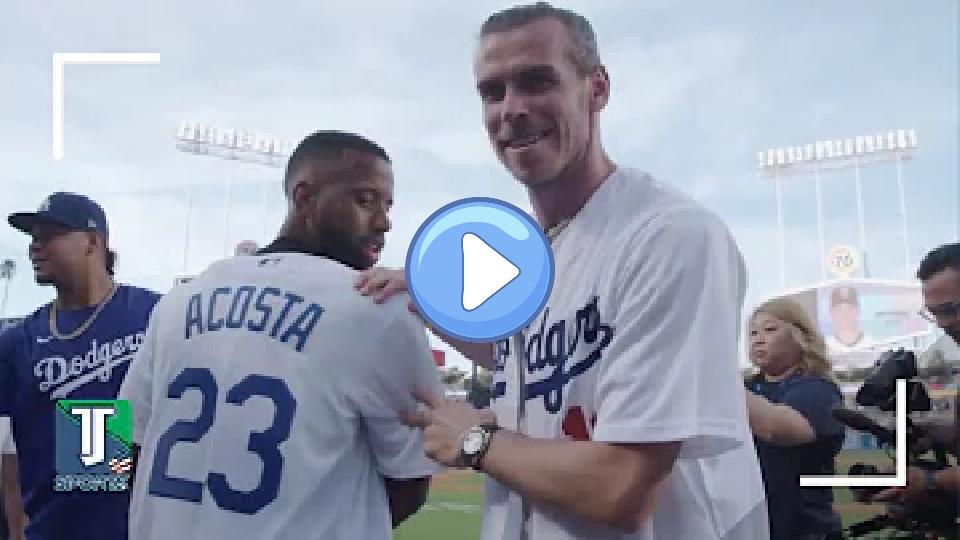 Video thumb: Bale teased his teammate Kellyn Acosta after the pair threw the first pitch for the LA Dodgers.