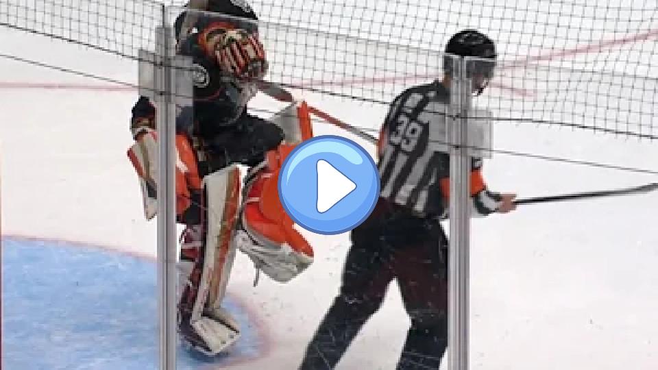 Video thumb: Play is stopped after John Gibson gets his stick stuck in his equipment.